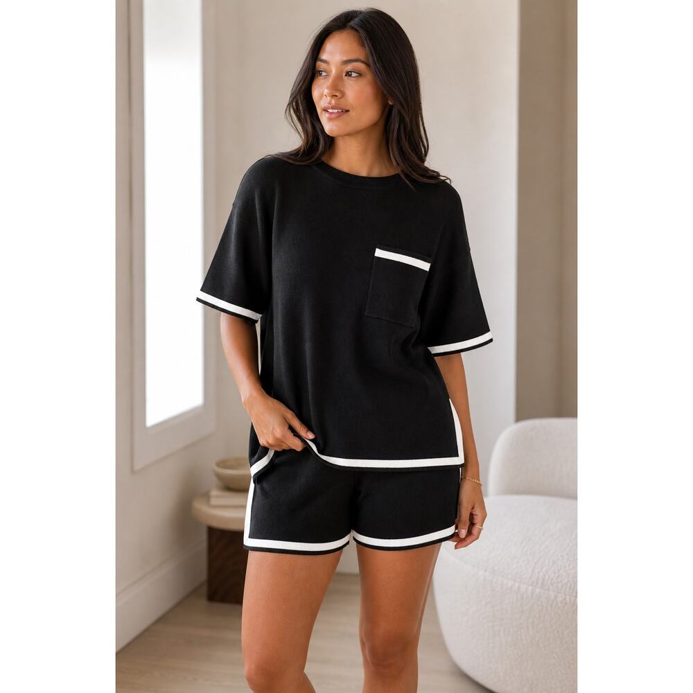 Zanzea Black White  Sweater Short Set XL Knit Lounge Matching Set Contrast Trim